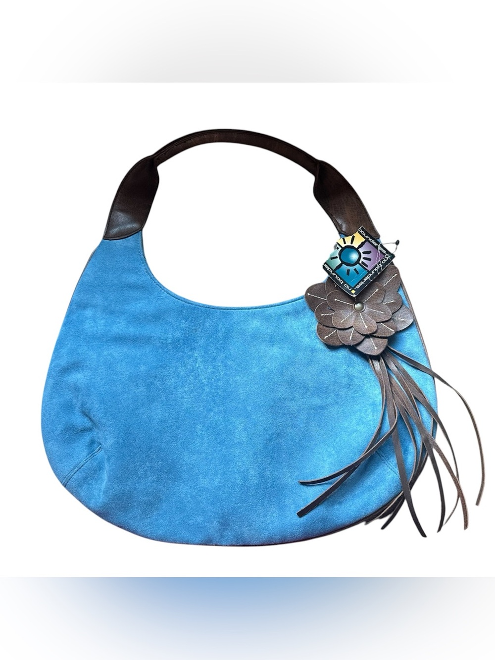 NWT Vintage Y2K Blue Suede Hobo Bag with Brown Fringe Floral Accents